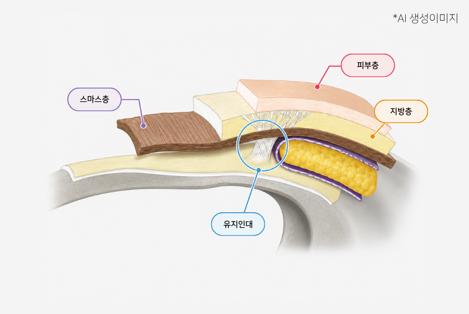 피부층·지방층·스마스층·유지인대 구조 단면 일러스트