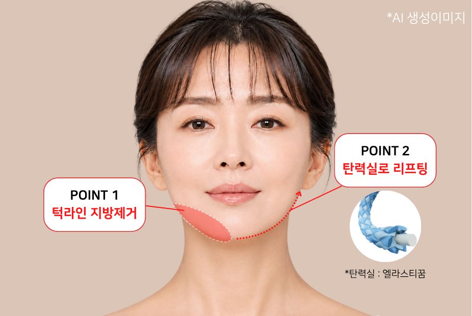 턱라인 지방제거와 엘라스티꿈 탄력실 리프팅을 표시한 엘라스티꿈 목거상술 시술 부위