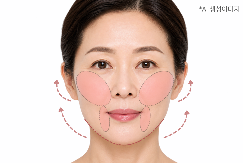 볼과 턱선 리프팅 부위와 방향을 표시한 여성 얼굴 일러스트