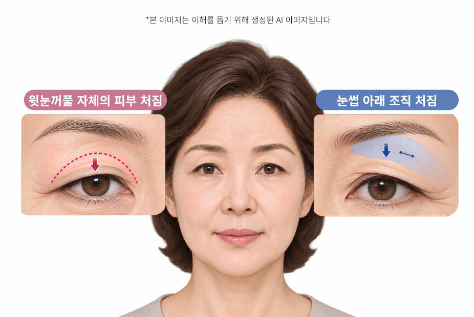 윗눈꺼풀 피부 처짐과 눈썹 아래 조직 처짐 부위를 비교한 그림