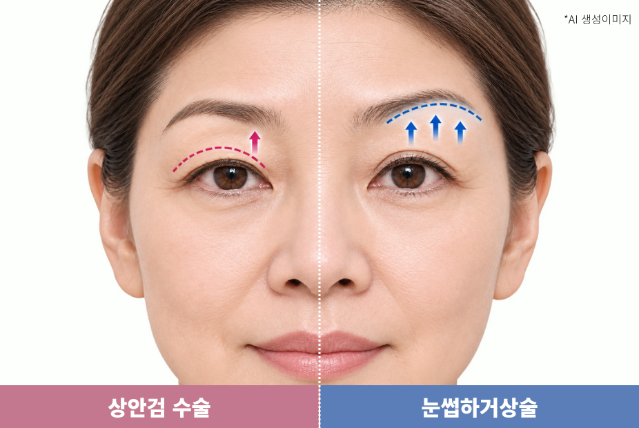 상안검 수술과 눈썹하거상술의 절개 위치와 이동 방향 비교