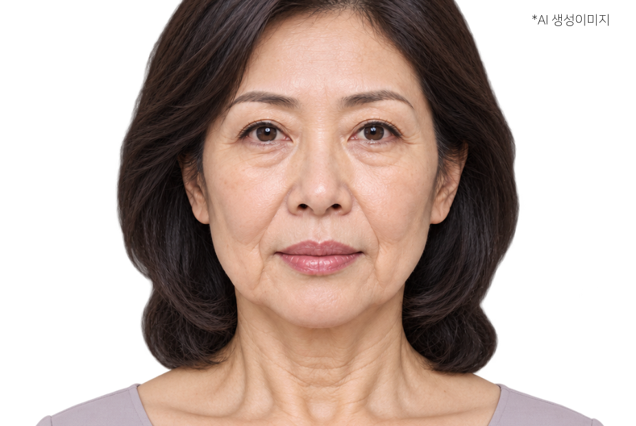 볼·입가·턱선·목 주변 처짐이 보이는 중년 여성의 정면 얼굴